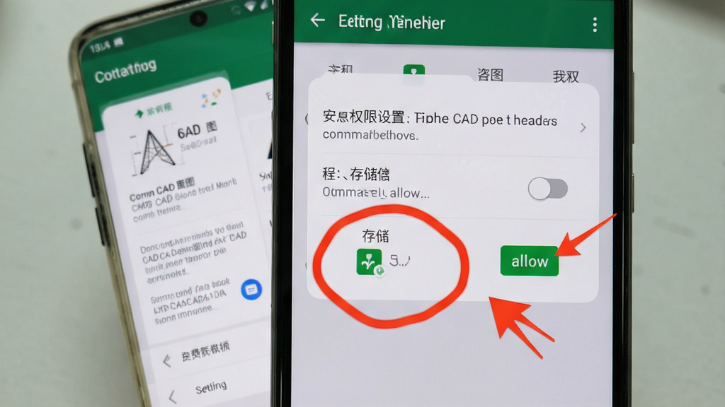 手机免费CAD看图 安卓版 新手教程 手机屏幕显示软件权限设置界面 有存储权限开关被高亮圈出 背景为手机系统设置菜单 风格写实指导 细节包含红色箭头指向允许按钮 画质清晰 干净 无多余元素