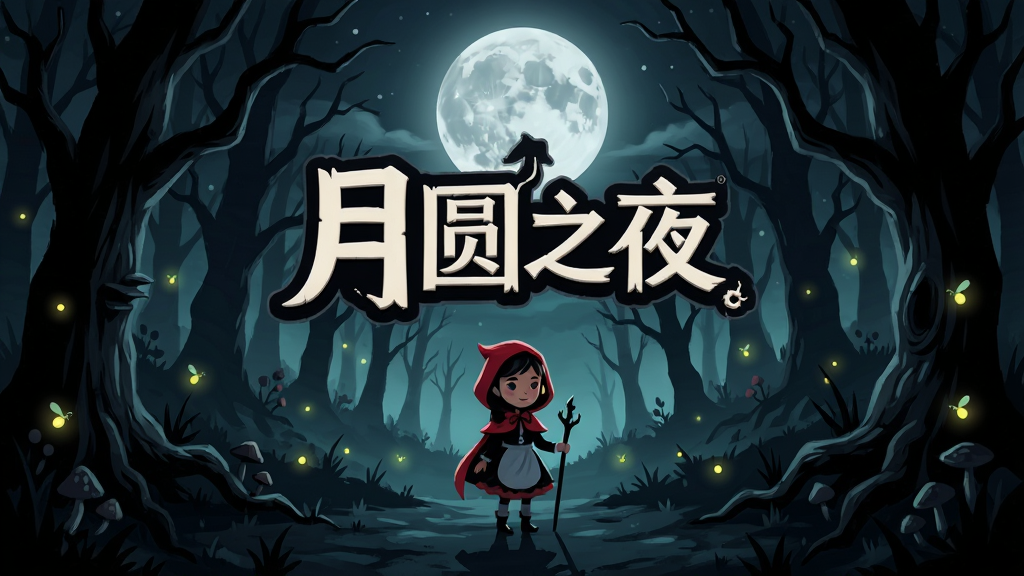 月圆之夜游戏主界面,小红帽站在幽暗黑森林入口,圆月高悬,枯树与萤火虫点缀四周,画面中心是月圆之夜标题Logo,暗黑童话插画风格,细节丰富,画质清晰干净,无多余元素