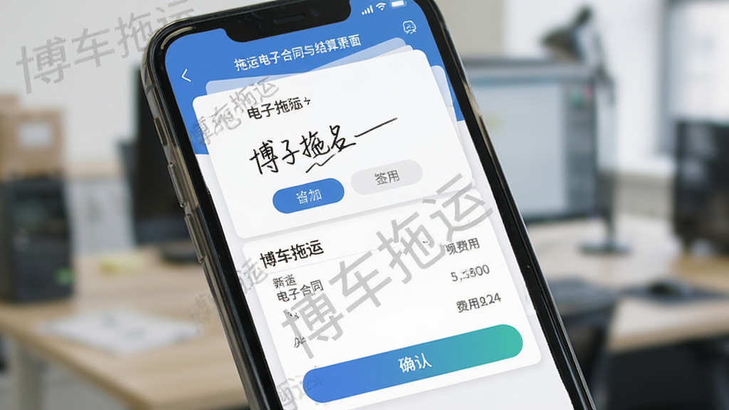 博车拖运电子合同与结算界面,画面展示手机屏幕上的电子签名区域和费用明细列表,布局为卡片式设计,风格商务简洁,细节包含“博车拖运”水印和确认按钮,画质清晰,干净,无多余元素