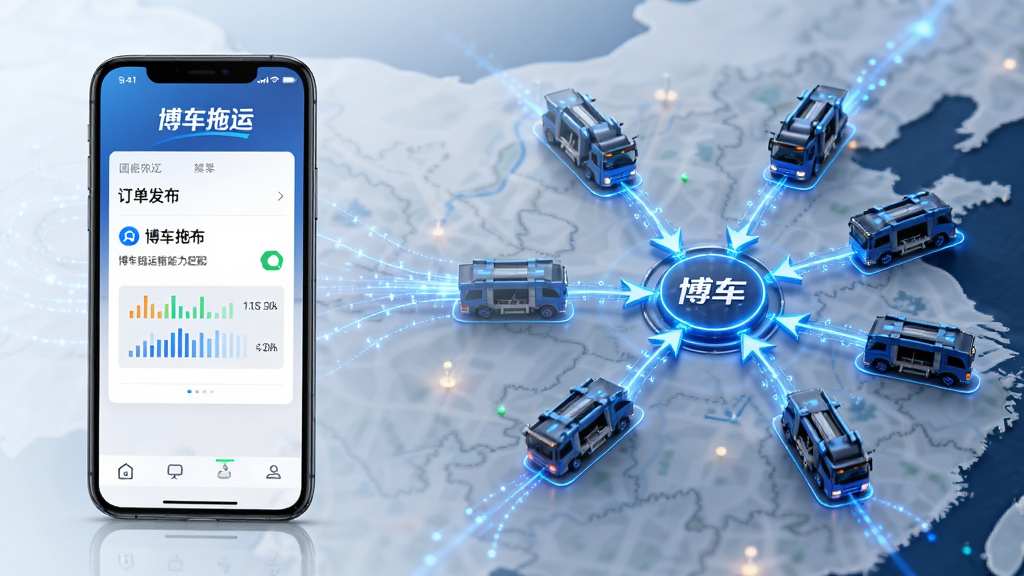 博车拖运智能运力匹配概念图,画面左侧是手机屏幕显示订单发布界面,右侧是地图上多个轿运车图标向中心汇聚,布局左右对称,风格科技感强,细节包含数据流动线条和“博车拖运”Logo,画质清晰,干净,无多余元素