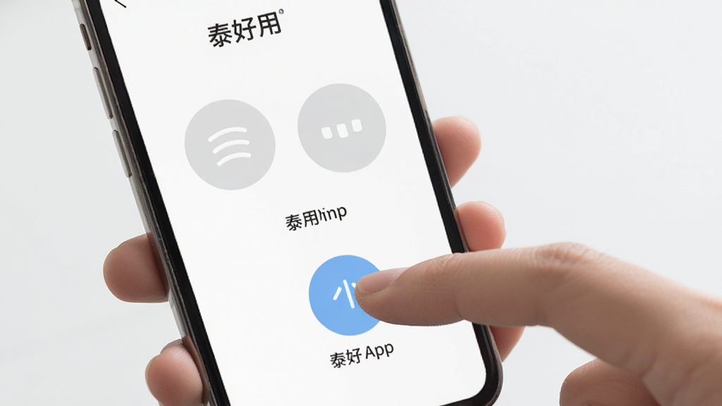 一只手握着手机,屏幕上显示“泰好用”APP的极简界面,界面只有几个大号圆形按钮和一行文字说明,背景为白色和浅灰色,风格清新简约,细节包括手指轻触按钮的动作,画质清晰,干净,无多余元素