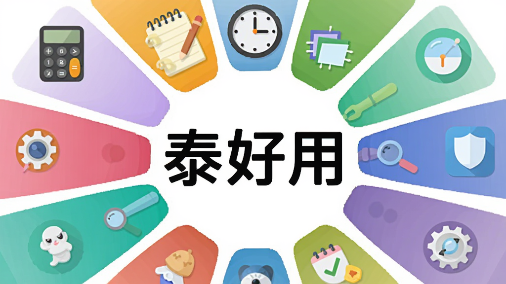 手机界面中多个彩色工具图标环绕在“泰好用”文字周围,图标包括计算器、记事本、时钟、放大镜等,布局呈圆形放射状,风格为卡通扁平化,细节丰富,画质清晰,干净,无多余元素