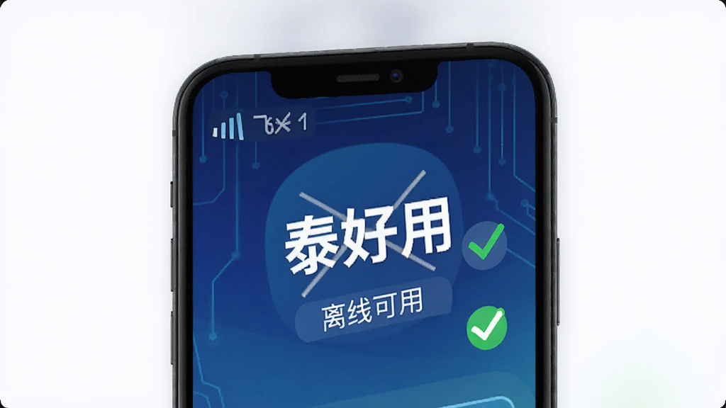 手机屏幕显示“泰好用”APP在飞行模式下正常运行,屏幕上有“离线可用”字样,背景为深蓝色科技感渐变,风格为扁平化科技风,细节包括信号格被划掉的图标和绿色对勾,画质清晰,干净,无多余元素
