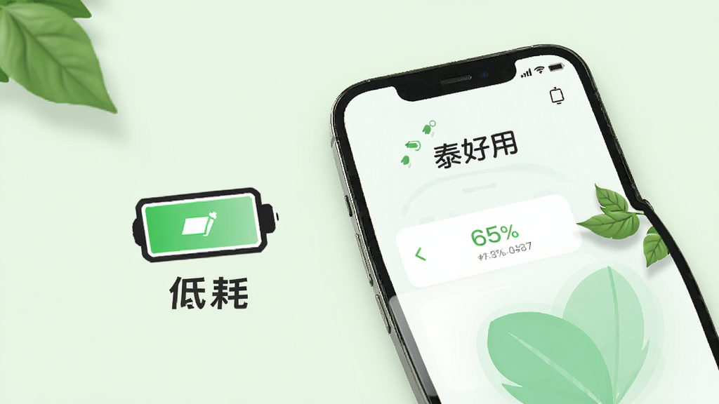 一部手机旁边显示电池图标和“低耗”文字,手机屏幕上打开“泰好用”APP,背景为浅绿色,风格为清新简约,细节包括电量百分比和绿叶装饰,画质清晰,干净,无多余元素