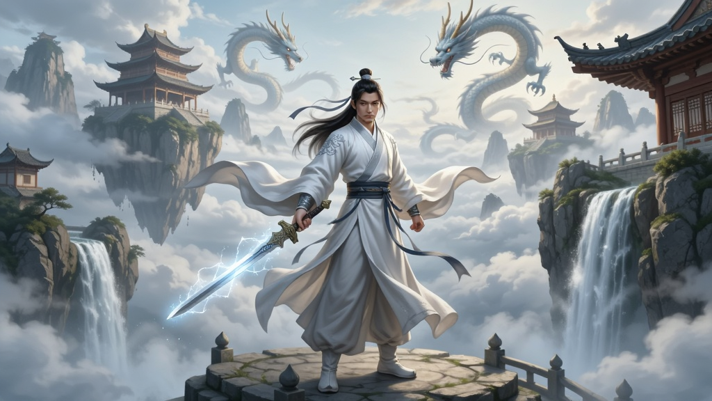 一幅展现东方仙侠世界宏大场景的插画,画面中央是一位身穿飘逸白袍手持长剑的修仙者,背景是悬浮于云海之上的仙山楼阁与飞瀑流泉,远处有巨龙盘旋于苍穹之间,整体布局为竖版手机壁纸比例,风格为唯美写实国风,细节包括衣袂飘动、剑身寒光、云雾缭绕、建筑飞檐斗拱,画质高清,画面干净,无多余元素