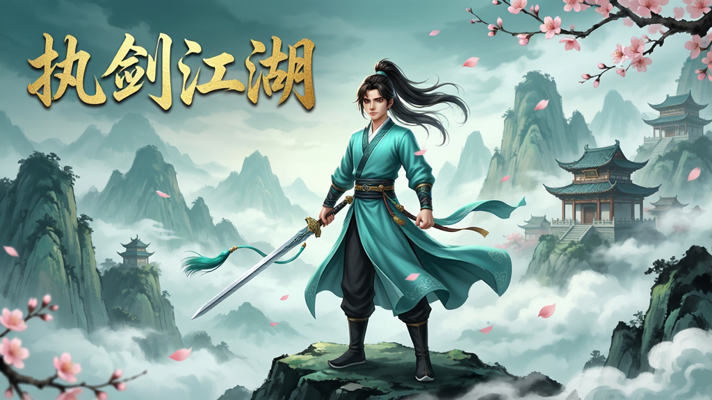 一幅竖版手机游戏宣传图,画面中央是一位身穿青衫、手持长剑的年轻侠客站在山巅,背景是层峦叠嶂的群山与飘落的桃花,远处有古典中式楼阁若隐若现,画面左上角用金色书法字体写着