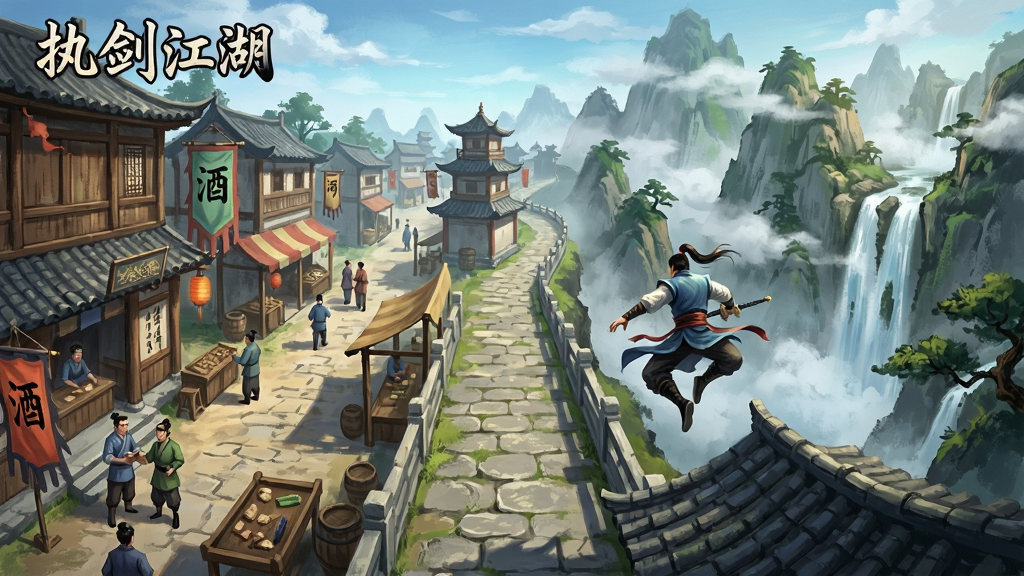 一幅横版游戏场景概念图,画面展示
