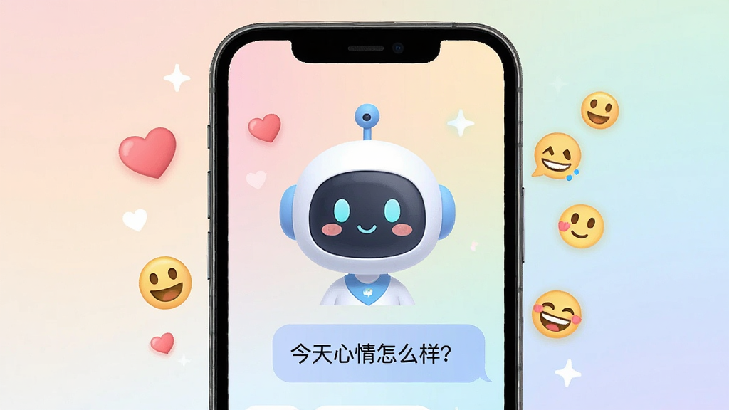 一个手机屏幕中显示可爱的AI伙伴正在与用户对话,屏幕周围漂浮着爱心和笑脸表情,主体是手机和虚拟角色,布局为居中展示,风格为清新扁平化设计,细节包括对话气泡中的文字“今天心情怎么样?”和柔和的渐变背景,画质高清,干净,无多余元素