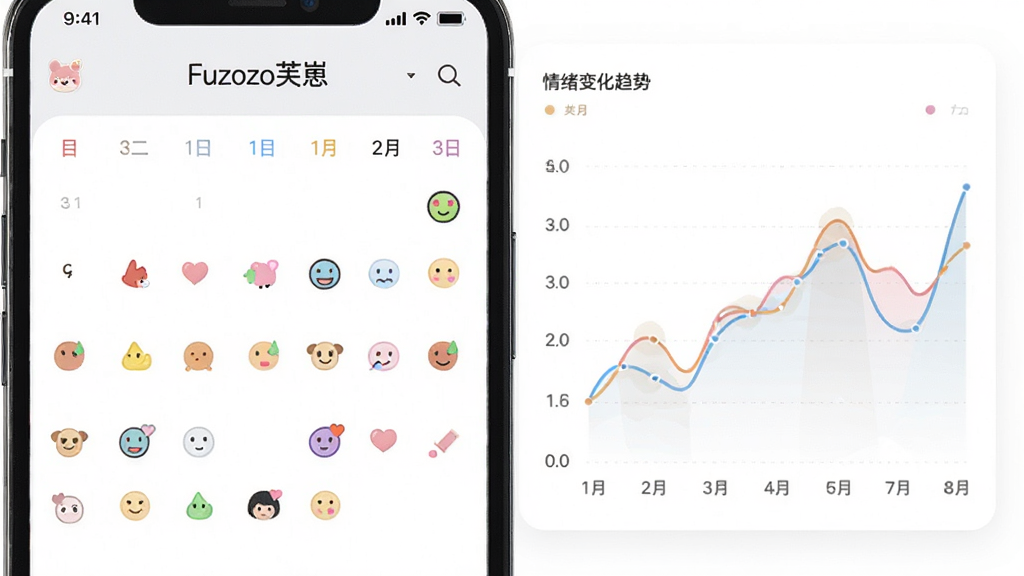 手机界面展示心情日记功能,日历上标注了不同颜色的心情图标,旁边有折线图显示情绪变化趋势,主体为手机屏幕和图表,布局为左右分栏,风格为简约现代,细节包括“Fuzozo芙崽”字样和柔和的色彩搭配,画质高清,干净,无多余元素