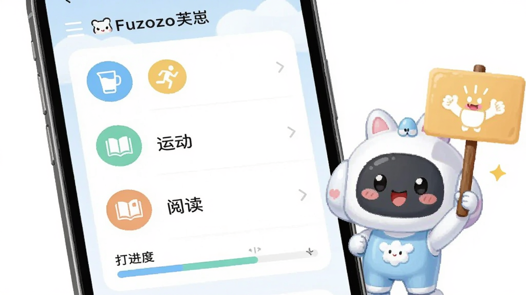手机屏幕显示习惯打卡列表,有喝水、运动、阅读等图标,旁边有可爱的AI伙伴举着加油牌子,主体为手机界面和角色,布局为上下结构,风格为清新明亮,细节包括“Fuzozo芙崽”字样和打卡进度条,画质高清,干净,无多余元素