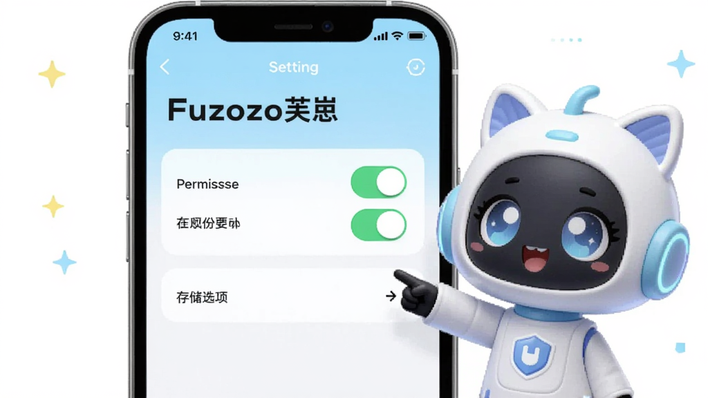 手机屏幕显示Fuzozo芙崽的设置界面,有权限开关和存储选项,旁边有可爱的AI角色指着屏幕,主体为手机和角色,布局为居中,风格为清新科技感,细节包括“Fuzozo芙崽”字样和权限图标,画质高清,干净,无多余元素