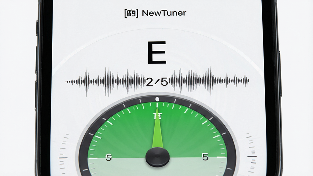 手机屏幕特写展示“NewTuner”音高识别界面,主体为手机与调音表盘,布局为手机居中,表盘上方显示音名“E”,下方显示音分数值与频率,排版为上下结构,风格为科技感UI展示,细节包含声波扩散纹理、绿色准确区域、指针稳定居中,画质高清、干净、无多余元素