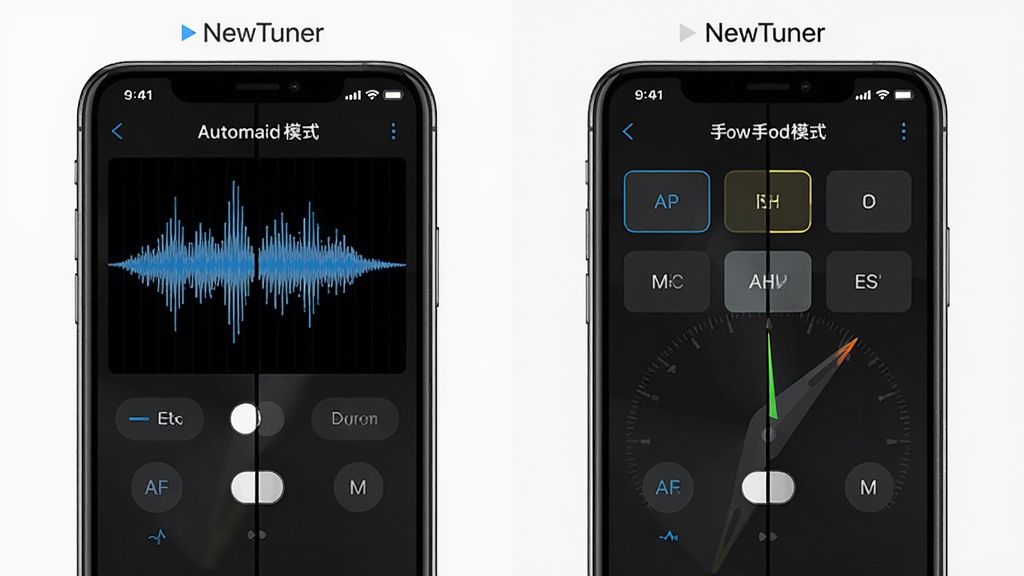手机屏幕分屏展示“NewTuner”自动模式与手动模式界面对比,主体为两部手机并排,布局为左右对称,排版左侧显示自动模式声波识别,右侧显示手动模式音名选择,风格为清爽对比展示,细节包含模式切换按钮、音名高亮、指针状态,画质高清、干净、无多余元素