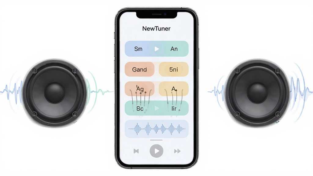 手机界面展示“NewTuner”标准音试听功能,主体为手机与扬声器图标,布局为手机居中,屏幕显示各弦音名按钮与播放波形,排版为列表式,风格为柔和浅色UI,细节包含播放按钮、音名标签、声波扩散动画,画质高清、干净、无多余元素