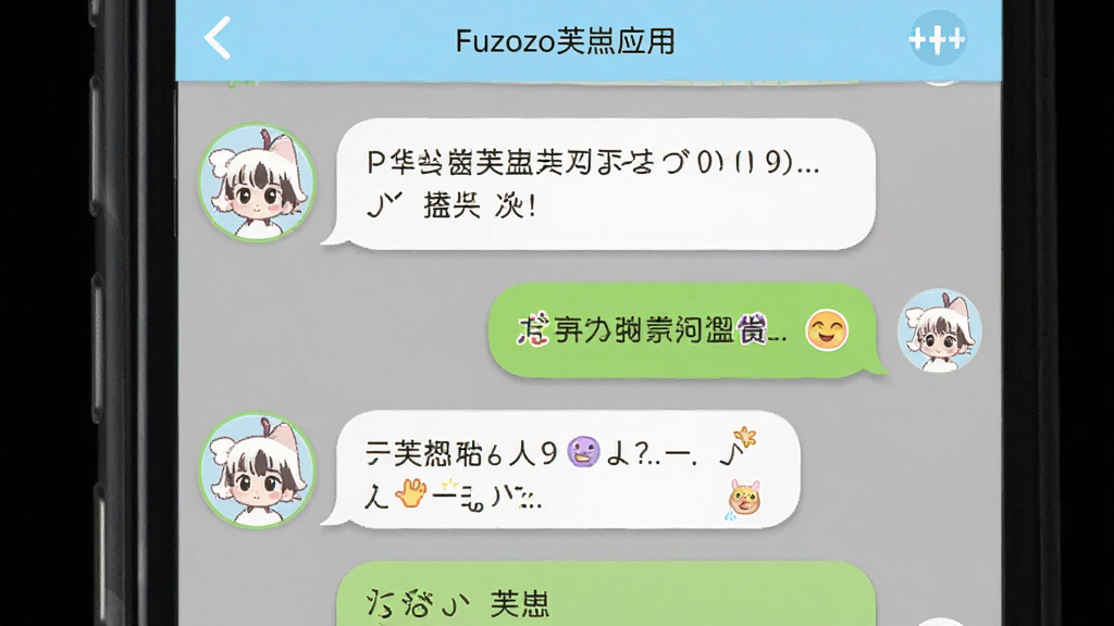 Fuzozo芙崽应用界面截图,主体是芙崽在手机屏幕中与用户对话的聊天窗口,布局为左侧芙崽头像右侧对话气泡,排版清晰展示多轮互动记录,风格为清新可爱的UI设计,细节包括圆角气泡、柔和阴影、表情贴纸,画质高清,干净,无多余元素