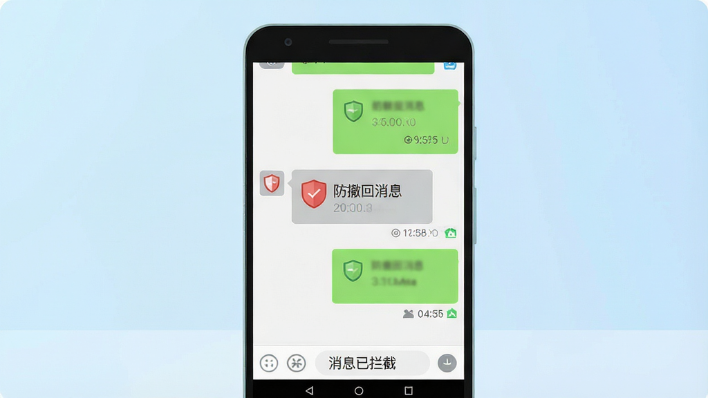 一张展示安卓手机聊天界面的场景图,画面中央是手机屏幕,屏幕中显示微信聊天窗口,左侧有一条被标记为已撤回的消息以半透明灰色气泡呈现,气泡旁有一个红色盾牌图标和文字“防撤回消息”,屏幕下方有“消息已拦截”状态栏,背景为简洁的浅蓝色渐变,布局为居中构图,风格为扁平化UI插画,细节包括聊天气泡、时间戳、盾牌图标、状态提示,画质清晰,干净,无多余元素