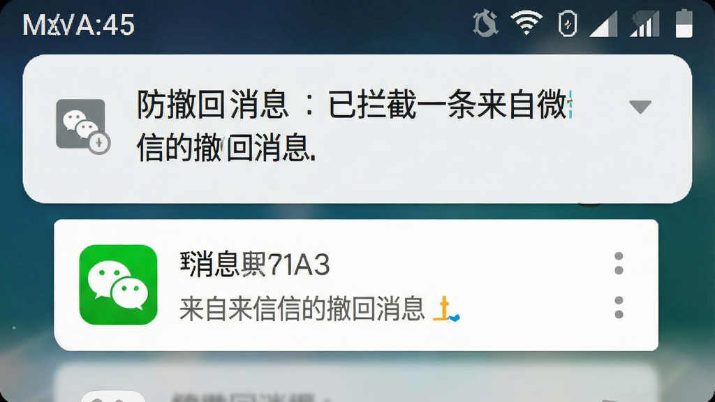 一张展示手机屏幕通知栏拦截撤回消息的界面图,画面主体为安卓手机顶部通知栏下拉状态,通知栏中显示“防撤回消息:已拦截一条来自微信的撤回消息”,下方有微信图标和消息预览文字,布局为手机屏幕正面视角,风格为写实UI截图风格,细节包括通知卡片、应用图标、时间显示、信号栏,画质清晰,干净,无多余元素