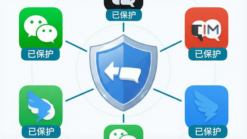 一张展示多款社交应用图标被防撤回消息软件统一保护的示意图,画面中央是防撤回消息的盾牌Logo,周围环绕微信、QQ、TIM、钉钉、企业微信的应用图标,每个图标下方有“已保护”标签,布局为圆形放射状构图,风格为扁平化科技插画,细节包括盾牌高光、应用图标、连接线条、标签文字,画质清晰,干净,无多余元素