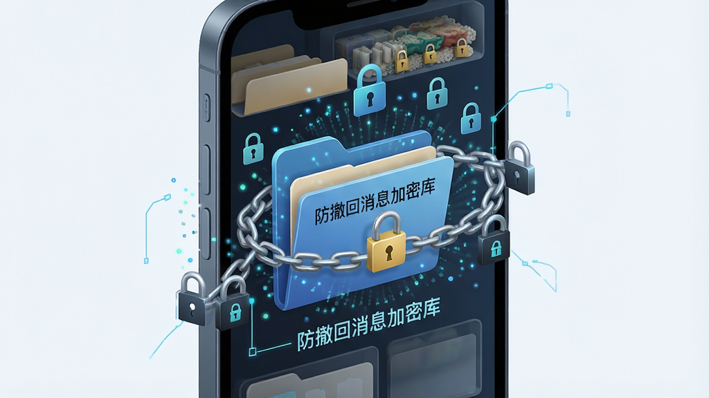 一张展示手机本地存储中防撤回消息加密数据库的示意图,画面主体为手机内部存储结构剖面图,其中有一个带锁的文件夹标注“防撤回消息加密库”,文件夹周围有数据流被锁链环绕,布局为纵向剖面构图,风格为科技感信息图,细节包括文件夹图标、锁链、数据粒子、加密符号,画质清晰,干净,无多余元素