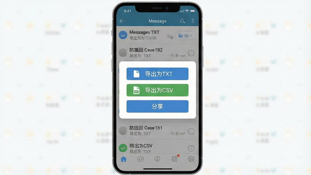 一张展示手机屏幕上防撤回消息记录导出界面的示意图,画面主体为手机屏幕显示导出选项弹窗,弹窗中有“导出为TXT”“导出为CSV”“分享”按钮,背景是消息记录列表,布局为手机正面视角,风格为扁平化UI设计,细节包括按钮图标、列表项、勾选框、底部导航栏,画质清晰,干净,无多余元素