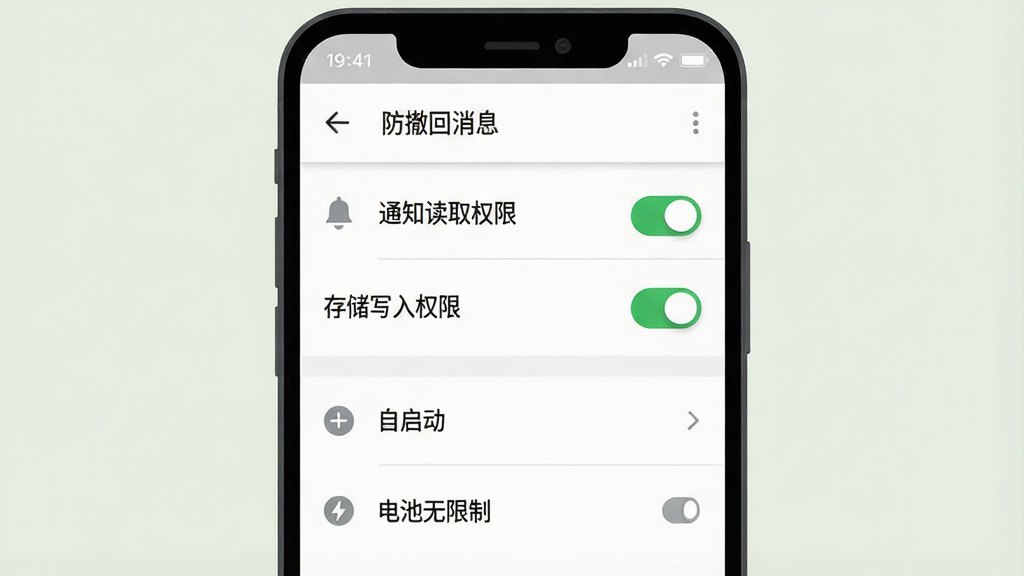 一张展示安卓手机权限设置界面的示意图,画面主体为手机屏幕显示防撤回消息的权限管理页面,页面中有“通知读取权限”和“存储写入权限”两个开关均显示为绿色开启状态,下方有“自启动”“电池无限制”选项,布局为手机正面视角,风格为扁平化UI截图风格,细节包括开关按钮、权限图标、文字标签、顶部导航栏,画质清晰,干净,无多余元素