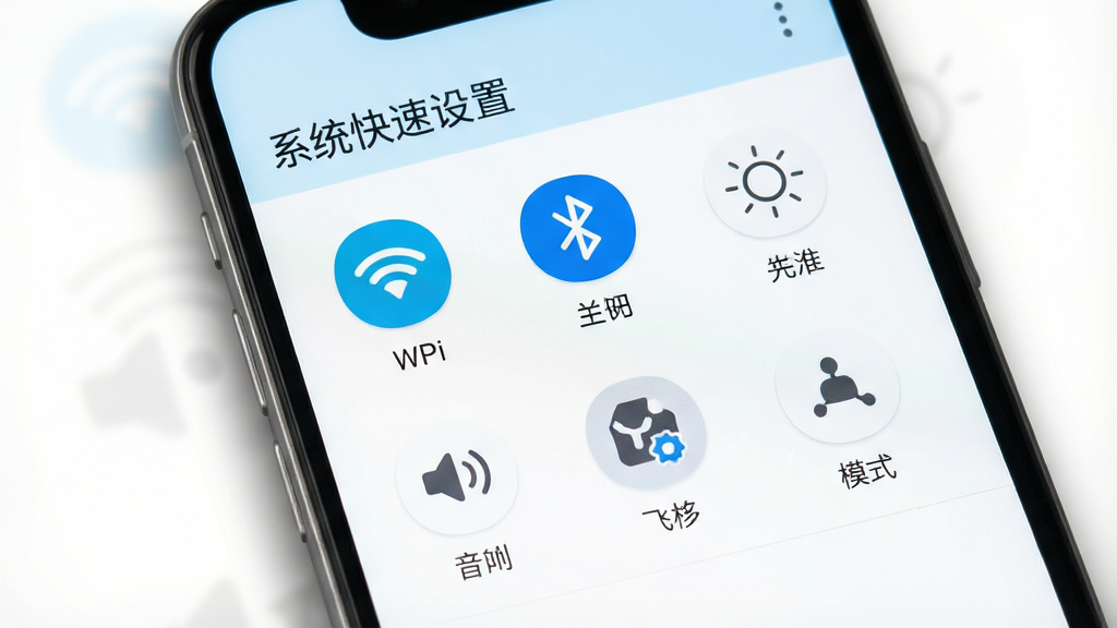 һ���ֻ������ͼ����ͼƬ�������С�ϵͳ�������á���������ҳ���ϣ�WiFi�����������ȡ�����������ģʽ������ͼ����������ʽ�������У�ÿ��ͼ���·������ı�ע��������ɫ�԰�ɫ��ǳ��ɫΪ���������ˬ��࣬�ֻ���Ļ���е�������Ӱ�͹���Ч�������ʸ��壬����ɾ����޶���Ԫ��