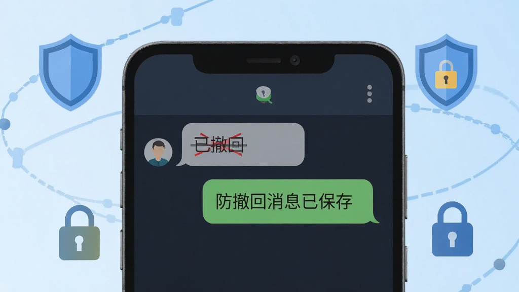 一个安卓手机屏幕特写,屏幕中央显示聊天界面,有两条消息气泡,一条标注“已撤回”被划掉,另一条完整显示“防撤回消息已保存”,手机周围环绕盾牌和锁形图标,背景浅蓝色渐变,扁平化科技风格,画面干净,无多余元素,高清画质