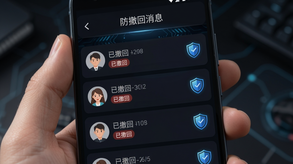一部安卓手机握在手中,屏幕显示防撤回消息应用界面,顶部有“防撤回消息”字样,中间列表展示多条被拦截的消息记录,带有头像和“已撤回”标签,右侧有盾牌图标,背景为深色科技感界面,细节清晰,画质干净,无多余元素
