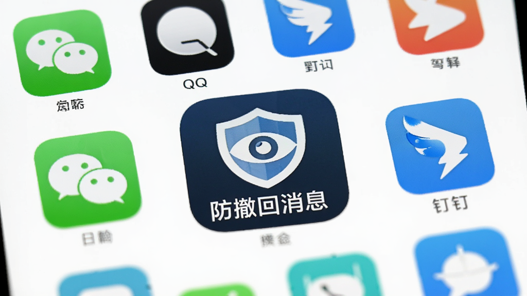 一个手机屏幕展示多个聊天应用图标环绕在“防撤回消息”主图标周围,图标包括微信、QQ、钉钉等,中间主图标有盾牌和眼睛符号,背景为白色简约风格,布局整齐,画质高清,无多余元素