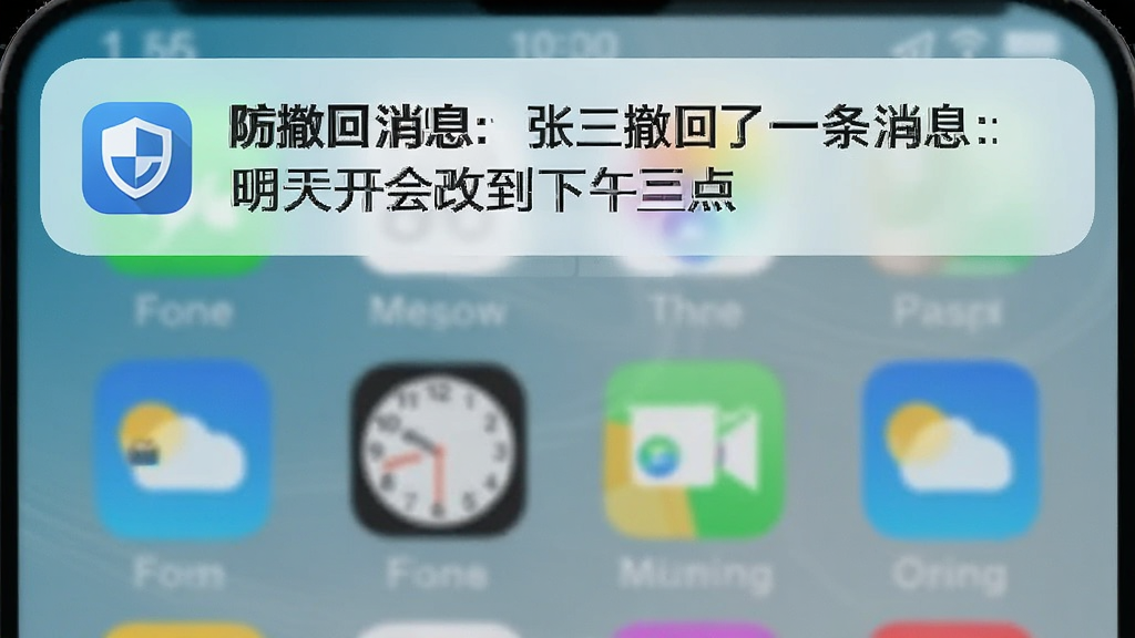 手机屏幕顶部弹出通知横幅,显示“防撤回消息:张三撤回了一条消息:明天开会改到下午三点”,通知带有应用图标和盾牌标识,背景为手机桌面,画质清晰,无多余元素