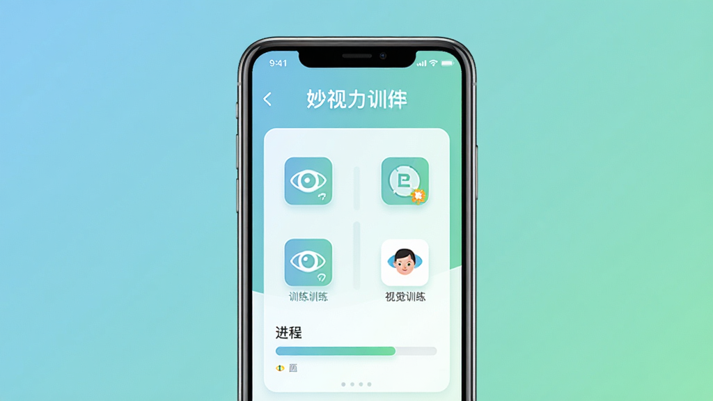 妙视力视觉训练软件主界面展示,画面中央是一部智能手机,屏幕上显示视力训练应用界面,包含训练模块图标和进度条,背景为柔和的蓝绿色渐变,主体突出,布局居中,风格简洁清新,细节包含图标和文字标签,画质清晰,干净,无多余元素