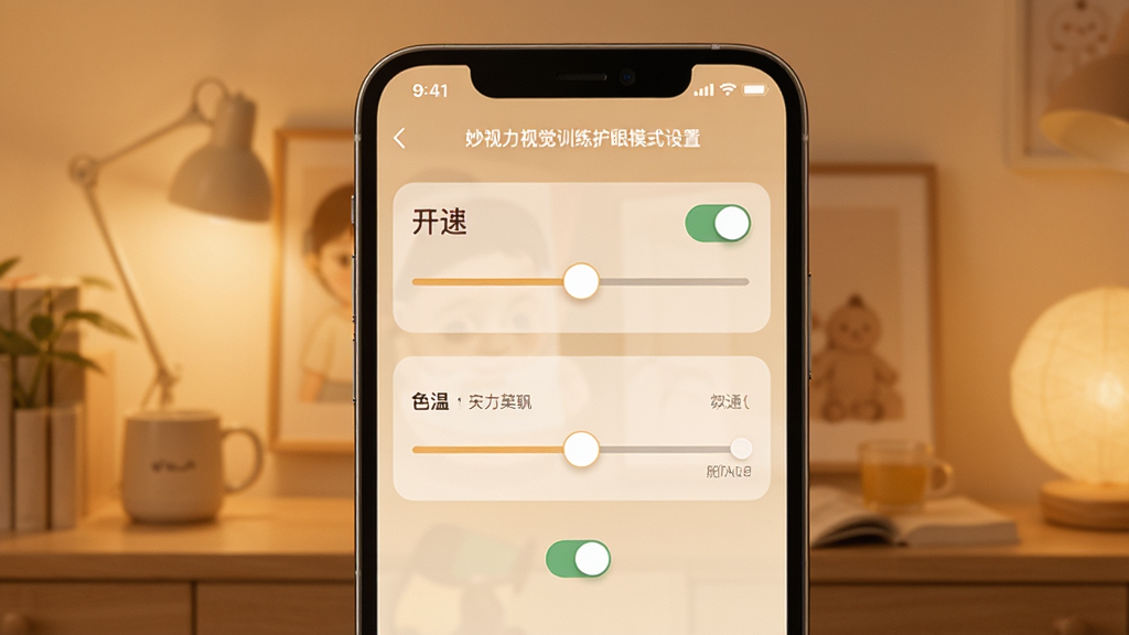 妙视力视觉训练护眼模式设置界面,画面展示手机屏幕上的亮度和色温调节滑块,背景为暖色调,布局简洁,风格舒适护眼,细节包含开关按钮和提示文字,画质干净,无多余元素