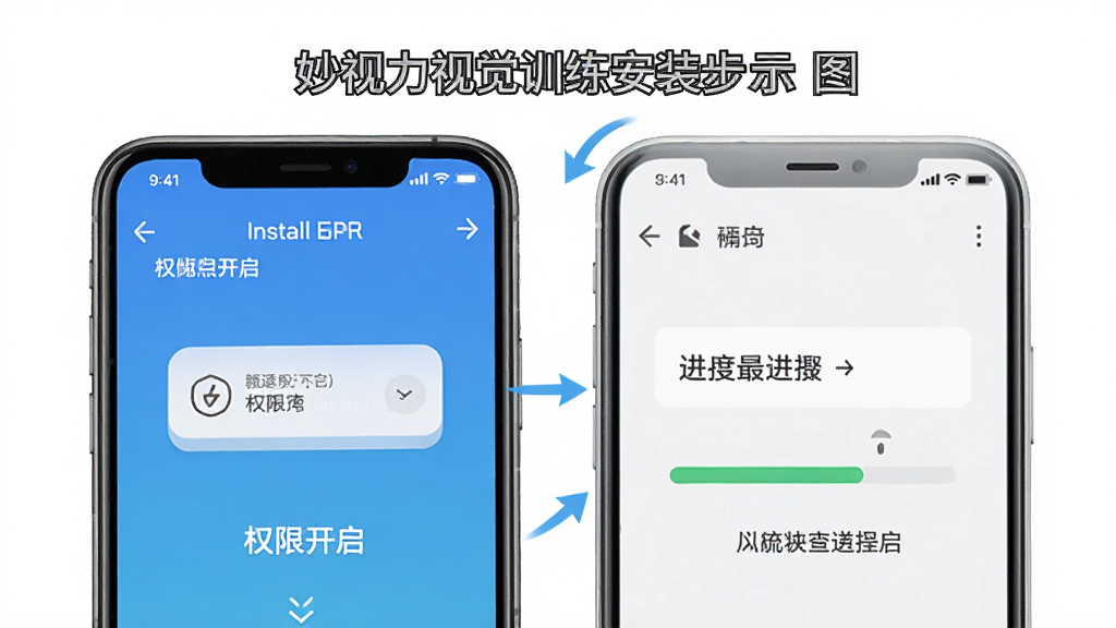 妙视力视觉训练安装步骤示意图,画面展示手机屏幕上安装应用的流程截图,包含权限开启和进度条,背景为纯色,布局分步骤排列,风格简洁明了,细节包含箭头和文字说明,画质清晰,干净,无多余元素