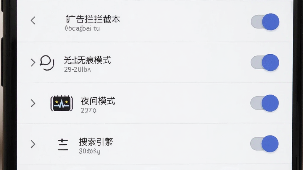 安卓手机屏幕显示Solo浏览器设置界面,列表中包含广告拦截、无痕模式、夜间模式、搜索引擎等选项开关,背景为白色,布局为垂直列表,风格简洁商务,细节上开关按钮清晰、文字排版整齐、图标简约,画质高清干净无多余元素