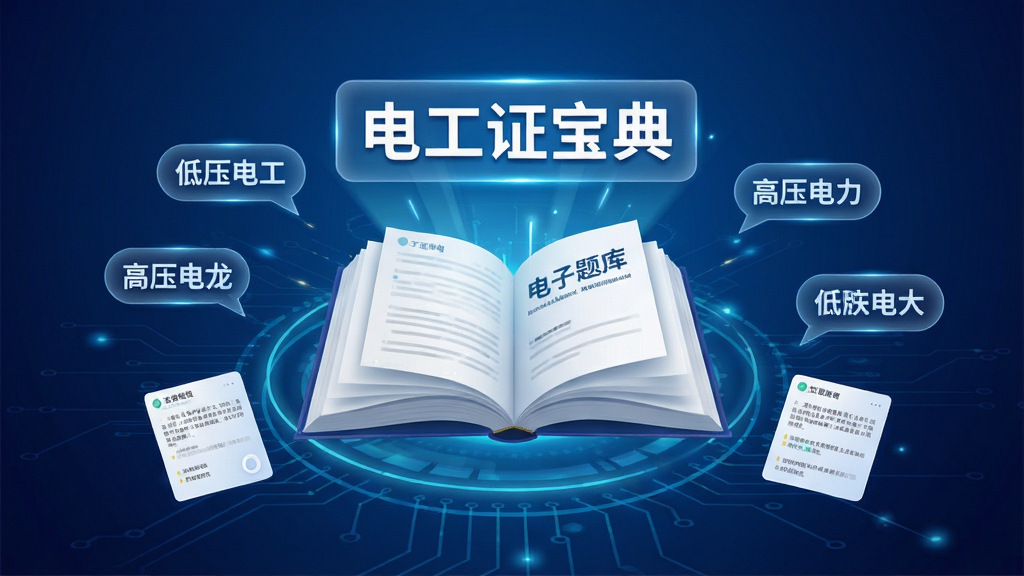 画面中央一本翻开的电子题库悬浮在空中,书页上方漂浮电工证宝典文字标题,周围环绕低压电工高压电工等标签气泡,背景为深蓝色渐变科技背景,布局采用中心放射式,风格为现代数字教育视觉,细节包含发光线条与试题卡片元素,画质清晰,干净无多余元素。