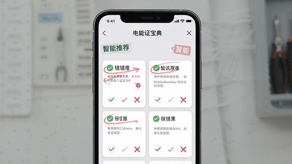 手机屏幕显示电工证宝典错题本页面,红色标记的错题卡片整齐排列,旁边有智能推荐标签,背景为浅灰色极简风格,布局为上下结构,风格为清爽工具类界面,细节包含对勾与叉号图标,画质清晰,干净无多余元素。