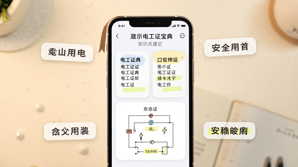 手机竖屏展示电工证宝典知识点速记页面,屏幕中有口诀卡片与电路简图,手机周围漂浮安全用电文字标签,背景为暖白色桌面,布局为中心构图,风格为简约学习风,细节包含书签与高亮标记,画质高清,干净无多余元素。