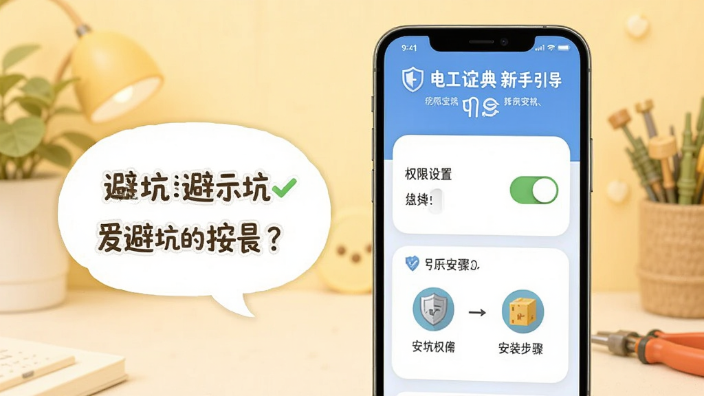 手机屏幕显示电工证宝典新手引导页面,页面中有权限设置开关与安装步骤图示,手机旁边有避坑提示文字气泡,背景为浅黄色温馨场景,布局为左右结构,风格为友好教学风,细节包含盾牌图标与对勾标记,画质清晰,干净无多余元素。
