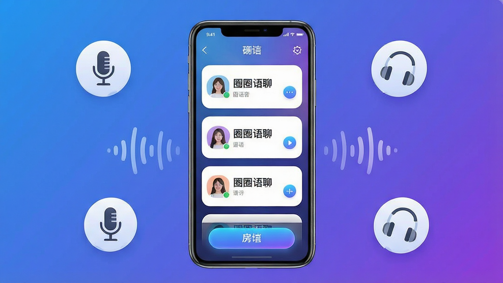 一张展示手机语音社交应用界面的图片,画面中央是一部竖屏智能手机,屏幕上显示语音聊天房间列表,房间卡片上有