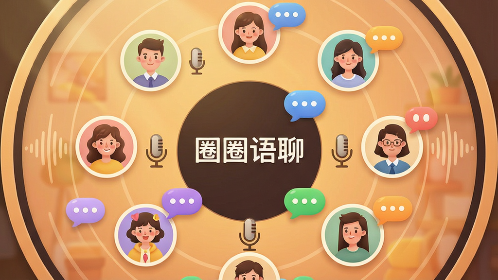 一张表现多人语音聊天场景的图片,画面主体是一个圆形语音房间界面,中央显示