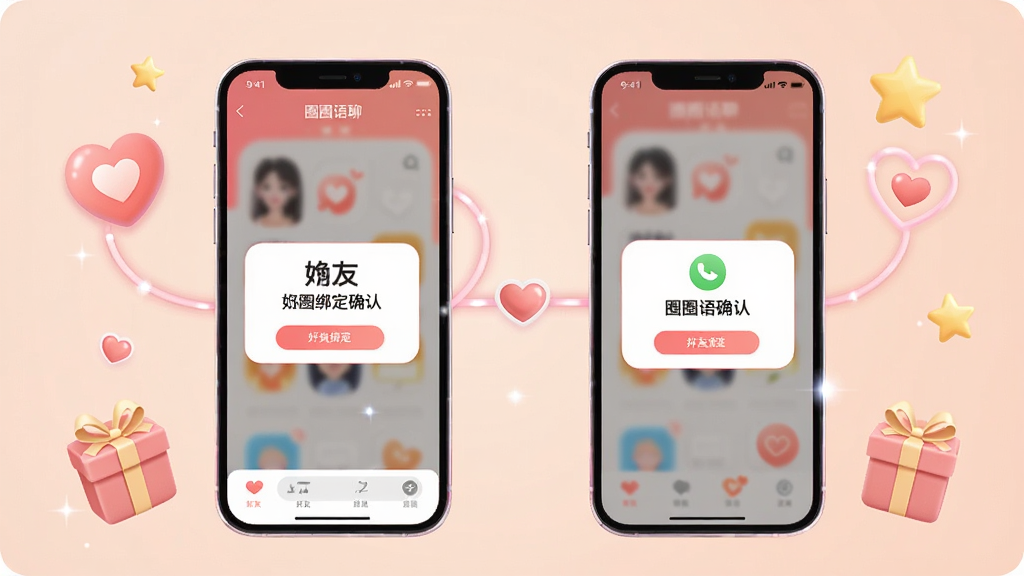 一张表现好友关系绑定的图片,画面中央是两部手机相互连接,屏幕上显示
