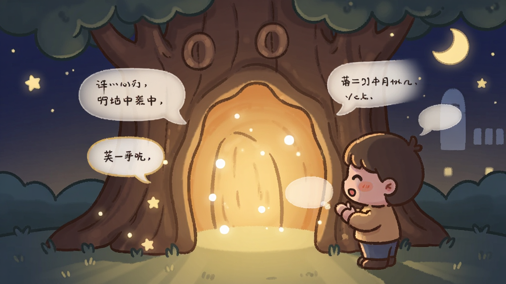 一个温馨的夜晚场景,画面中有一个发光的树洞形状的入口,入口处飘出柔和的光点和文字气泡,旁边站着卡通风格的小人正在倾诉,布局采用左右对称,风格温暖治愈,细节处有星星和月亮元素,画质高清,干净无多余元素