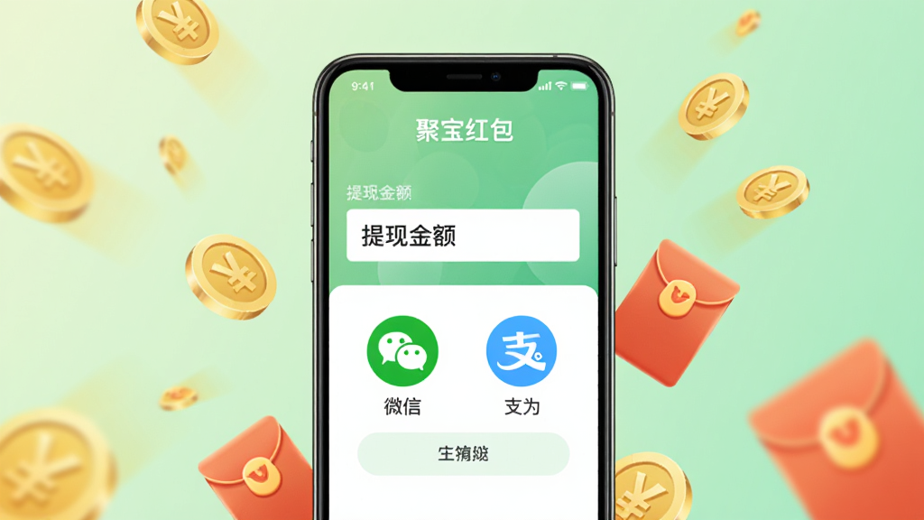 画面中央为手机屏幕显示提现界面,界面中有提现金额输入框和微信、支付宝图标按钮,周围有金币和红包元素点缀,背景为浅绿色渐变,风格简约商务,细节清晰,画质干净,无多余元素,画面中带有“聚宝红包”文字标识。