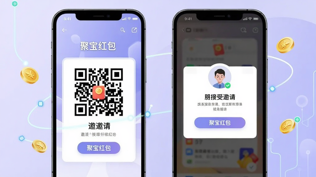 画面展示两个手机屏幕并排,左侧手机显示邀请二维码界面,右侧手机显示好友接受邀请的成功提示,屏幕周围有连接线条和金币图标,背景为浅紫色渐变,风格现代科技感,细节精致,画质清晰干净,无多余元素,画面中带有“聚宝红包”文字标识。