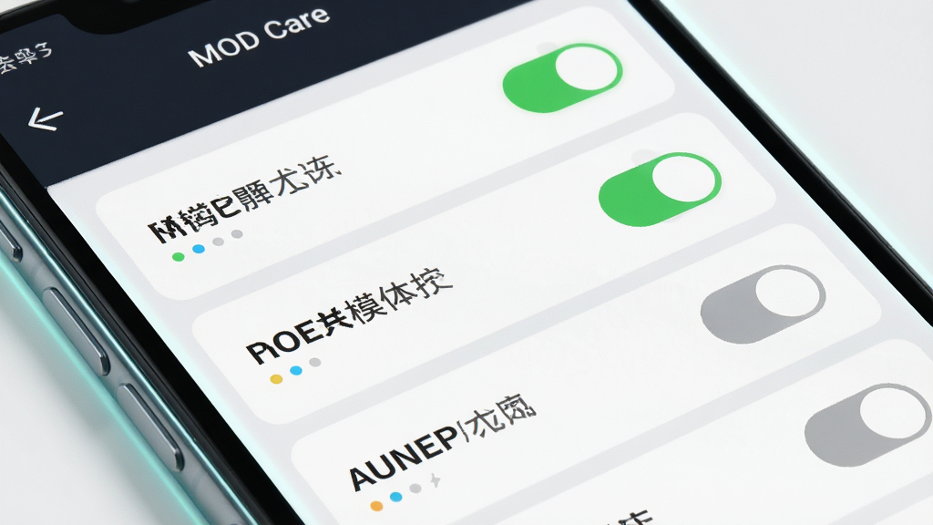 һ��MOD CareӦ����ģ����������ϸ��ͼ������չʾ�ֻ���Ļ��д����Ļ����ģ���б���ÿ��ģ�������Ա��в�ɫ״̬���أ���ť��ʾ��ɫ���úͻ�ɫ����״̬�������Ե��΢���ĿƼ����Σ������ɾ�������ϸ�壬����Լ