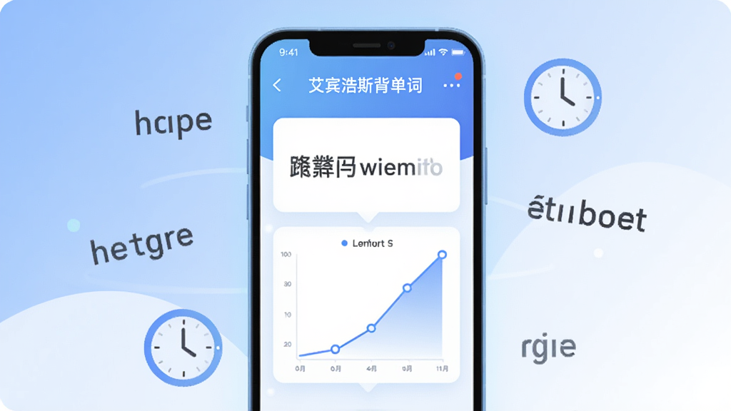 画面中央是一个发光的手机屏幕,屏幕内显示简洁的单词卡片与记忆曲线图表,周围环绕着漂浮的英文单词和时钟图标,背景是柔和的蓝白渐变,风格为现代科技扁平插画,细节上突出“艾宾浩斯背单词”应用界面元素,画质清晰明亮,干净无多余元素。