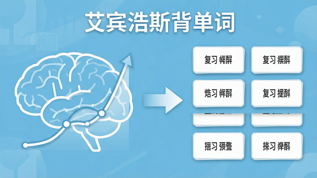 一张横版信息图,左侧是大脑轮廓与记忆曲线线条,右侧是排列整齐的单词卡片,中间用箭头连接表示复习提醒,整体配色为浅蓝与白色,风格简洁商务,画面中带有“艾宾浩斯背单词”文字标识,画质高清,布局干净,无杂乱装饰。