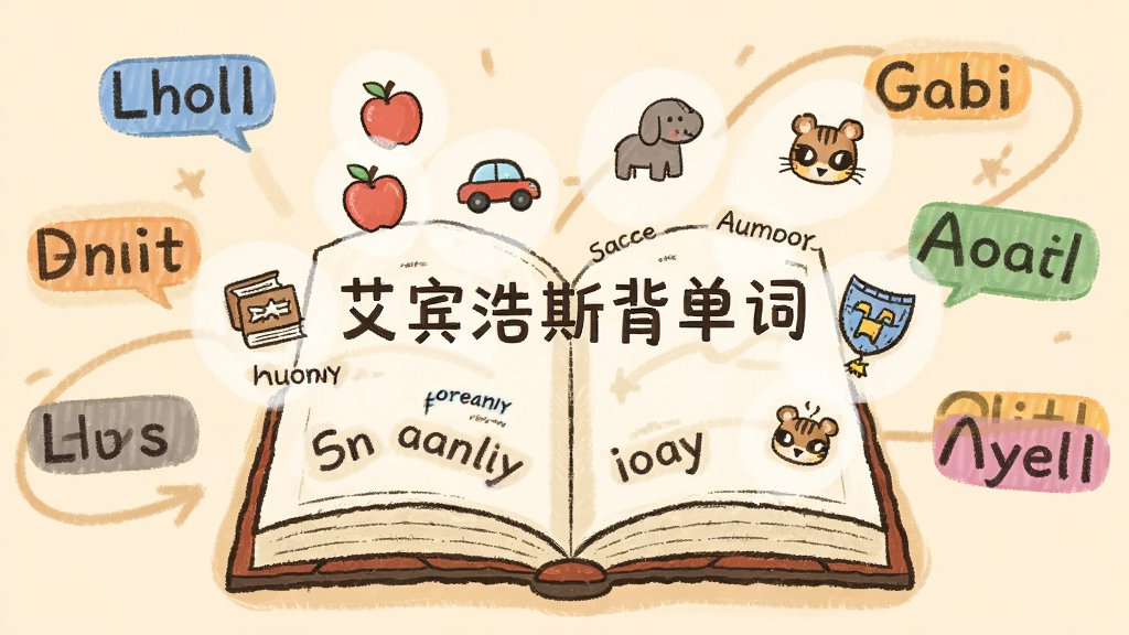 一个打开的虚拟书本,书页上飞出各种英文单词和对应的图标(如苹果、汽车、动物),书本周围环绕着不同颜色的词库标签,背景为温暖的米黄色,风格为清新手绘插画,画面中央有“艾宾浩斯背单词”字样,画质细腻,干净整洁。