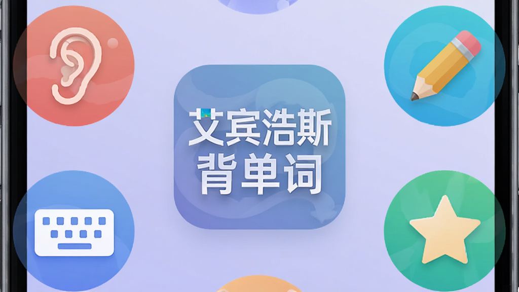 手机界面展示多种学习模式图标,包括耳朵、铅笔、键盘、星星,图标以圆形排列,中心是“艾宾浩斯背单词”应用标志,背景为淡紫色渐变,风格为现代UI设计展示图,细节清晰,画质干净,无多余元素。