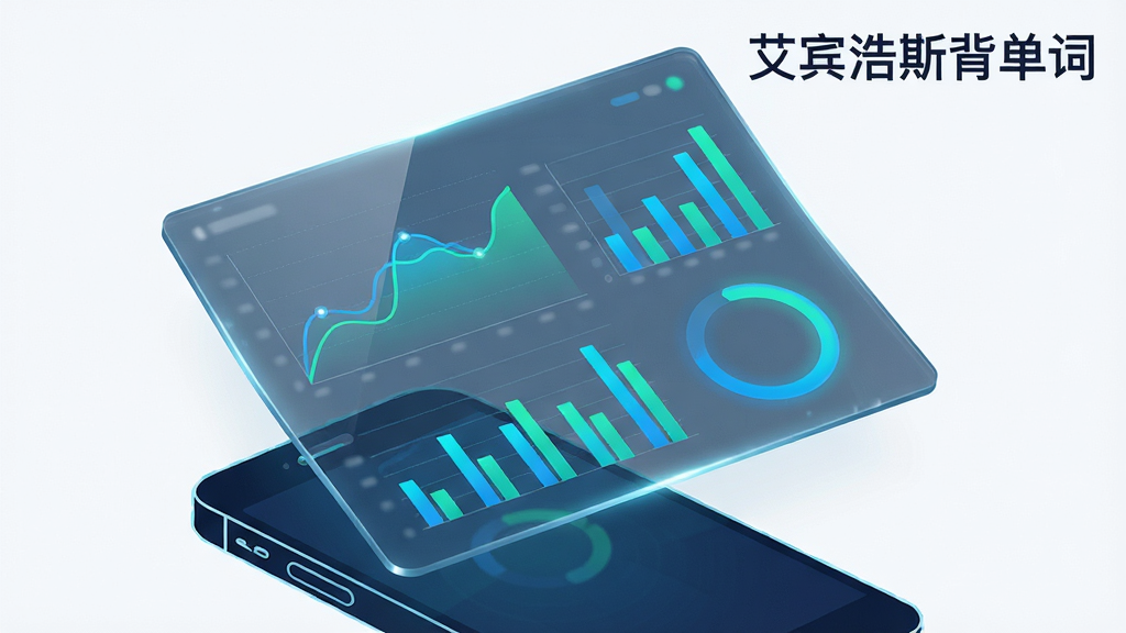 一块悬浮的透明数据面板,上面显示折线图、柱状图和圆形进度条,图表颜色为蓝绿相间,面板下方是手机轮廓,整体风格为科技感数据可视化,画面右上角有“艾宾浩斯背单词”文字,画质锐利,布局清晰,无杂乱背景。